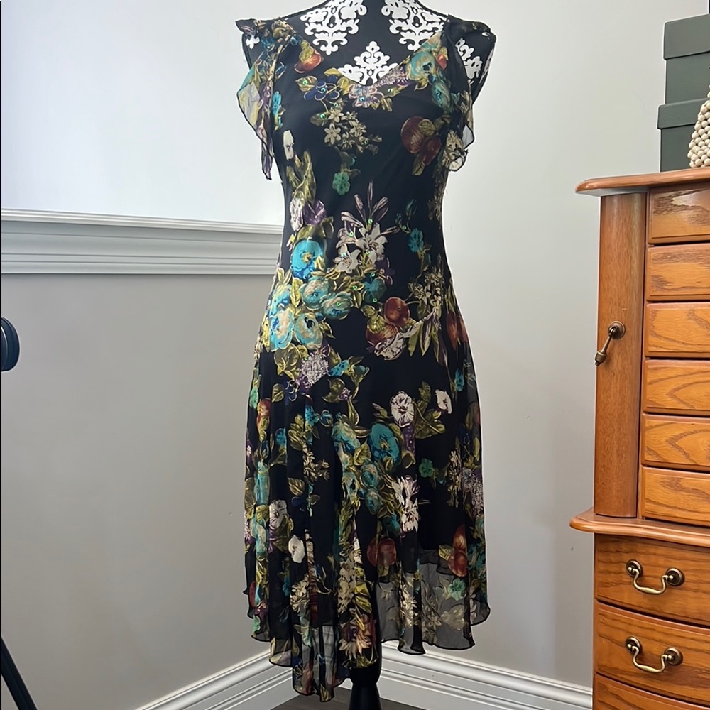 Vintage Black Floral Ruffle Midi Dress